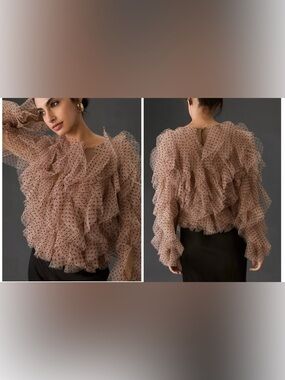 NWT Dolan Left Coast Meah Ruffle Blouse Beige Polka Dot Anthropologie Medium